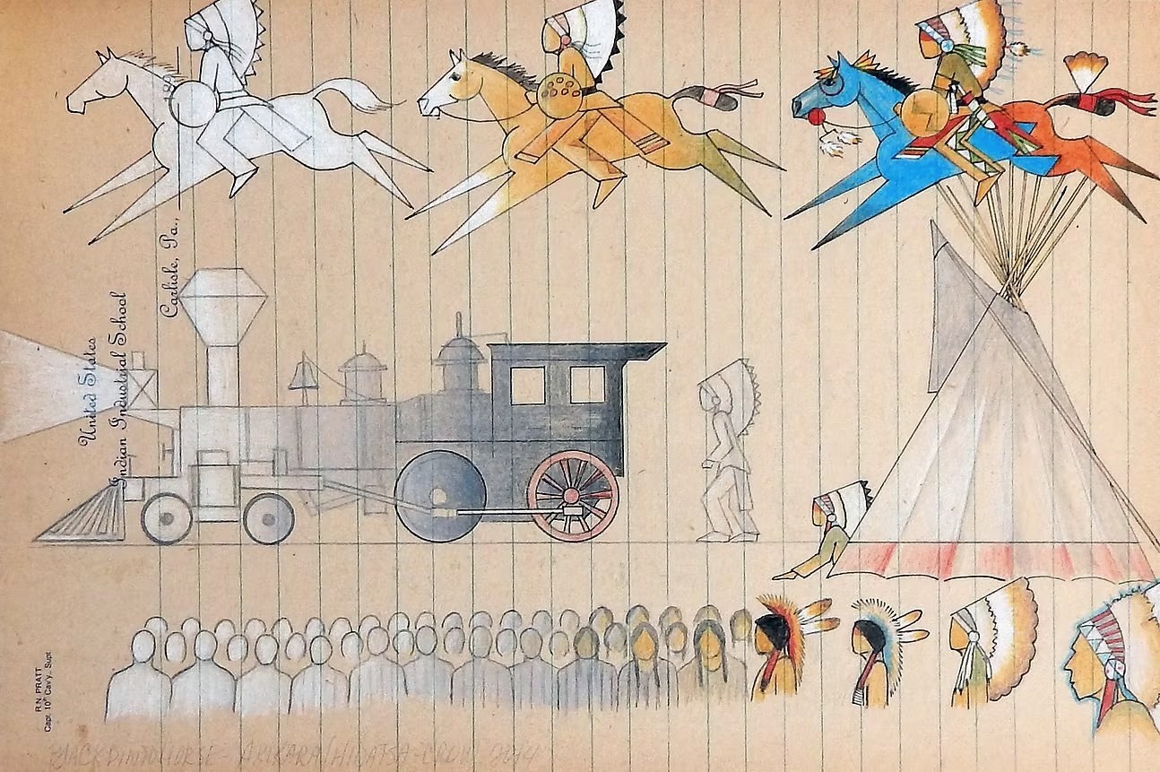 Black Pinto Horse — Monte Yellow Bird (MHA Nation), Carlisle, PA, ca. 1924. Drawing on ruled paper.